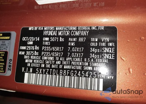 2015 Hyundai Santa Fe Sport 2.4L from USA, damaged, VIN 5XYZTDLB8FG245425